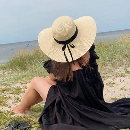 Summer Simple Floppy Sun Hat Women Wide Brim Beach Hat Girls Seaside Travel Foldable Straw Hat Sunscreen UV Protection Lady Cap