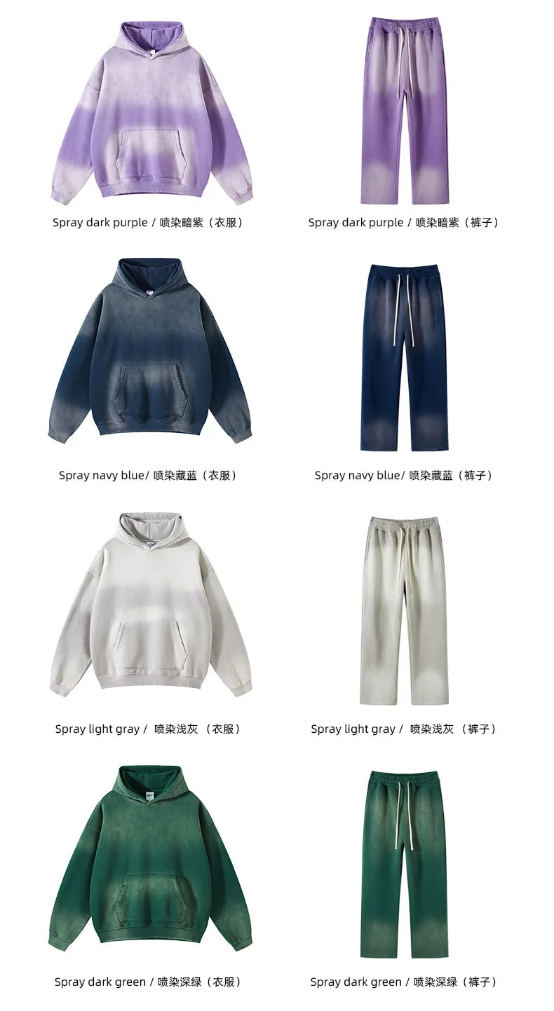 Custom LOGO 2025 autumn winter new 360G heavy sweater men's women's spray-dyeing old thickened hooded trendy sweater trousers clothes set