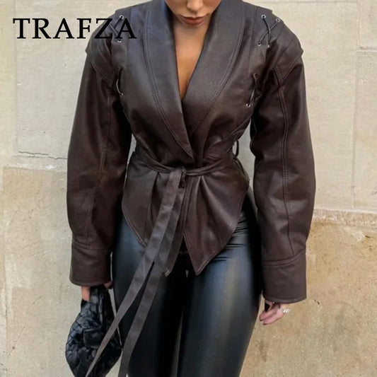 TRAFZA Spring Women Retro Brown PU Jackets Lace-up Single Button Coats Slim Sashes Jacket Fashion 2025 Female Casual Outwears