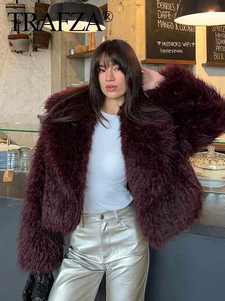 TRAFZA Female Vintage Artificial Fur Effect Coats Lapel Warm Plush Long Sleeves Hidden Buttons Autumn Winter Casual Outerwear