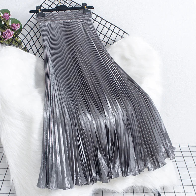 Women's Fashion Pleated Mermaid Long Skirt Korean Style Casual High Waist Satin Flowy Skirts Shiny 19 Colors 2024 Spring SK500