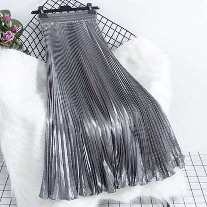 Women's Fashion Pleated Mermaid Long Skirt Korean Style Casual High Waist Satin Flowy Skirts Shiny 19 Colors 2024 Spring SK500