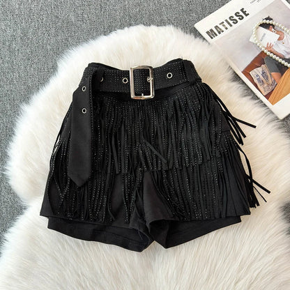 XFPV American Style Women's Shorts Summer Belt Gathered Waist Zipper Spliced Beading Tassel Shorts Female New Fashion 22D1803