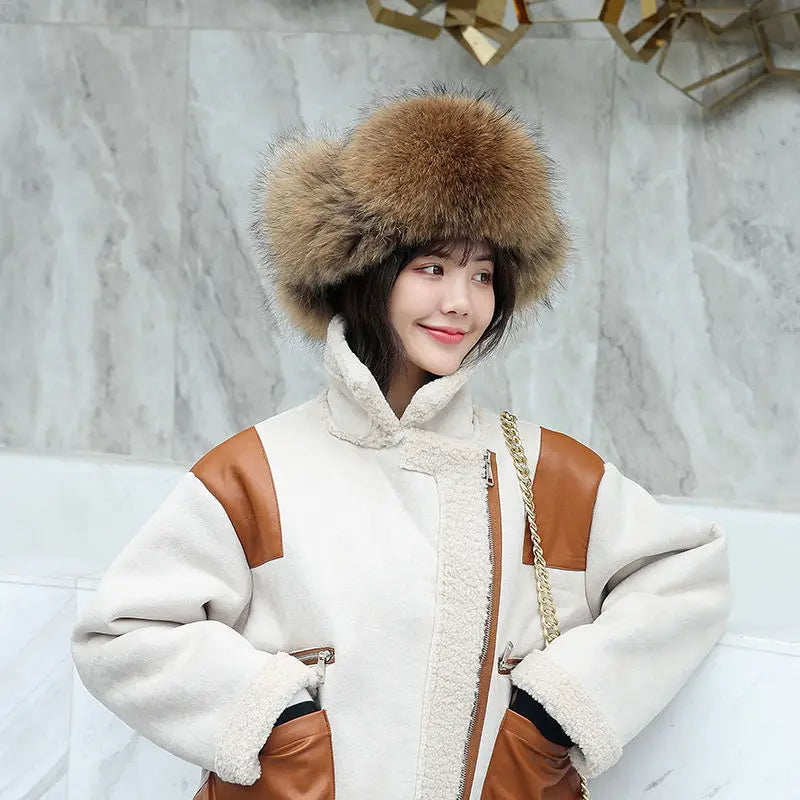 2025 100% Real Fox Fur Hats Women's Russian Ushanka Aviator Trapper Snow Skiing Hat Caps Earflap Winter Raccoon Fur Bomber Hat