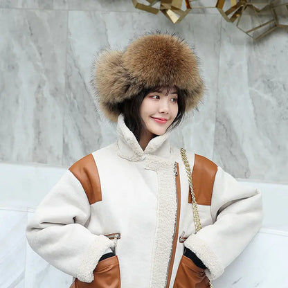 2025 100% Real Fox Fur Hats Women's Russian Ushanka Aviator Trapper Snow Skiing Hat Caps Earflap Winter Raccoon Fur Bomber Hat