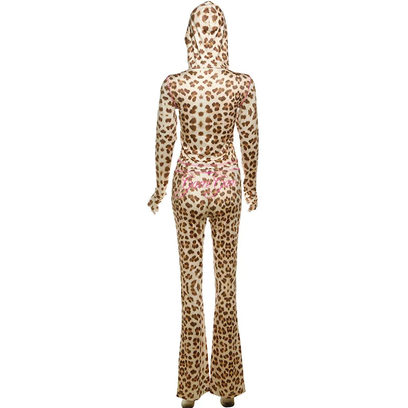 FAGADOER Sexy Leopard Print 2 Piece Sets Women Outfit Long Sleeve Zipper Hooded Crop Jacket + Flare Pants Suits Female Clothing