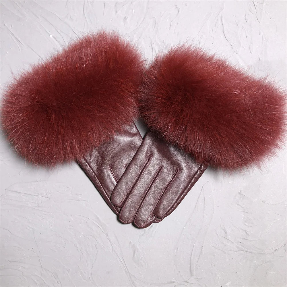 Jxwatcher Wholesale Fox Fur Gloves Winter Female Luxury Style Warm Sheepskin Genuine Leather Gloves Driving Thickening Mitten