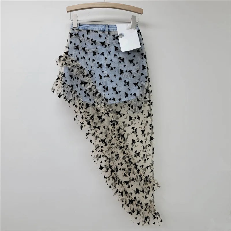 American Fashion Irregular Mesh Embroidery Butterfly Skirt Splicing Denim Elastic A Line Short Skirt Women Clothing 2025 New