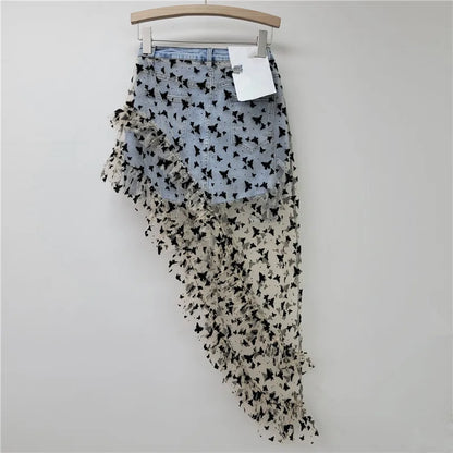 American Fashion Irregular Mesh Embroidery Butterfly Skirt Splicing Denim Elastic A Line Short Skirt Women Clothing 2025 New