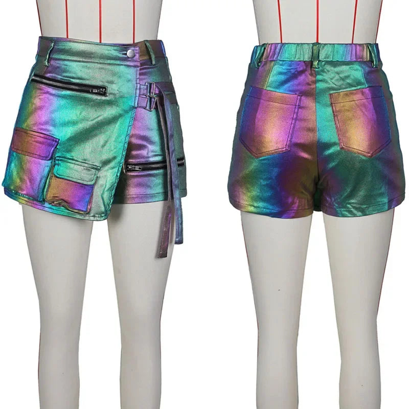 Shiny Metallic Irregular Shorts Skirts Women Y2K Clothing High Waist Button Fly Pockets Party Club Birthday Pantalones Cortos