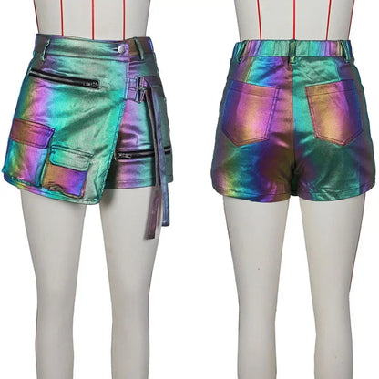 Shiny Metallic Irregular Shorts Skirts Women Y2K Clothing High Waist Button Fly Pockets Party Club Birthday Pantalones Cortos