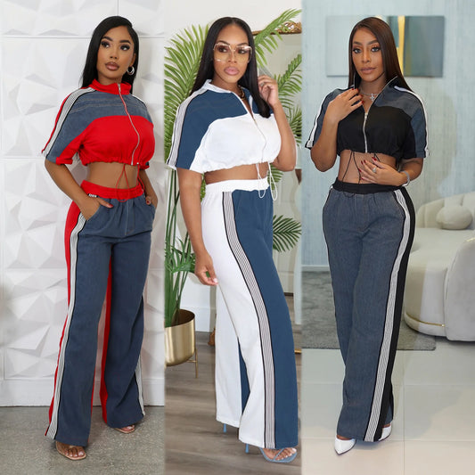 Pant Set Women Two Piece Sets Denim Matching Sets Jogger Tracksuit Matching Sets Zipper Tops Wide Leg Long Pants Elastic Waist
