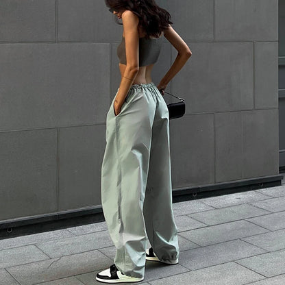 Y2k Cargo Women Drawstring Pants Low Waist Sweatpant Streetwear Vintage Baggy Wide Leg Trousers Oversized Parachute Jogger Pants