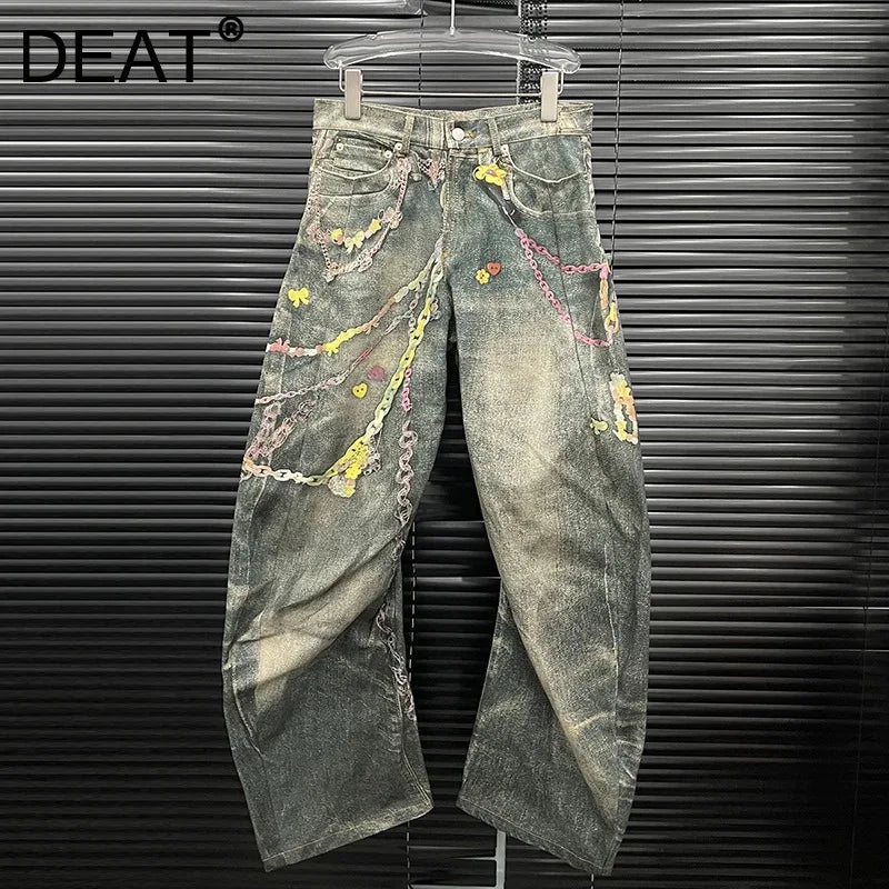 DEAT Fashion Women's 3D Chain Printed Contrast Color Jeans Niche Design High Waist Casual Denim Pants Female Trendy 11A04071