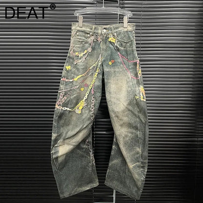 DEAT Fashion Women's 3D Chain Printed Contrast Color Jeans Niche Design High Waist Casual Denim Pants Female Trendy 11A04071