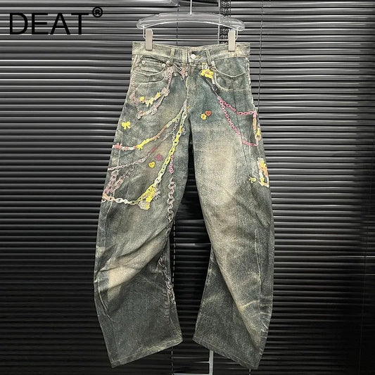 DEAT Fashion Women's 3D Chain Printed Contrast Color Jeans Niche Design High Waist Casual Denim Pants Female Trendy 11A04071