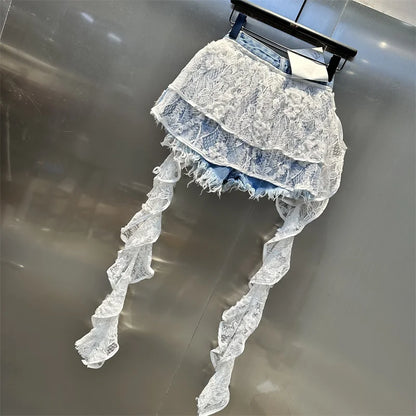 Ruffle Leaf Edge Irregular Curtain Skirt Sweet A Line Skirt Lace Splicing Denim Shorts Street Hipster Denim Shorts Women
