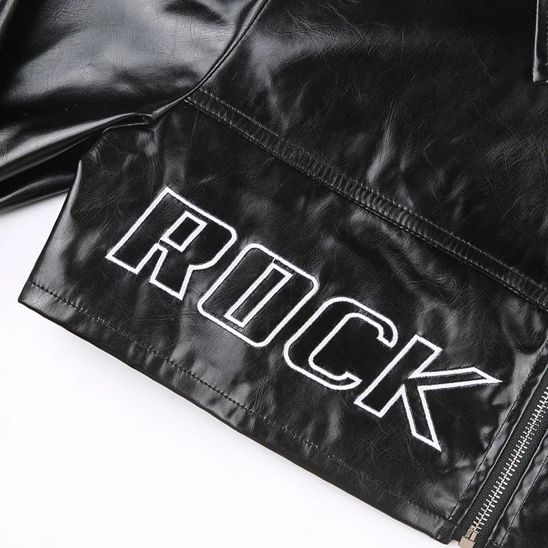 FAGADOER Y2k Punk Gothic Leather Jacket Women Cropped Lapel Letter Embroidery Moto Jackets Coat Short Female Streetwear New