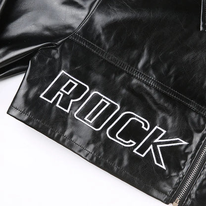 FAGADOER Y2k Punk Gothic Leather Jacket Women Cropped Lapel Letter Embroidery Moto Jackets Coat Short Female Streetwear New