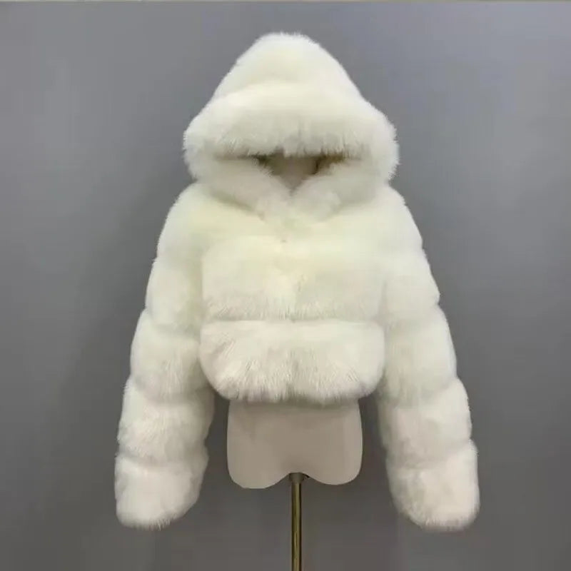 S-6XL Women Coat Autumn Winter Short Hooded Faux Fox Fur Coat Thick Warm Outerwear Fake Fur Woman Jackets Ladies Furry Coats