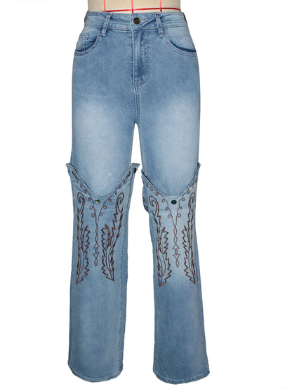 FAGADOER Y2k Fashion Embroidery Denim Straight Leg Pants Women 2025 Summer New Retro Washed Jeans Straight Trousers Streetwear