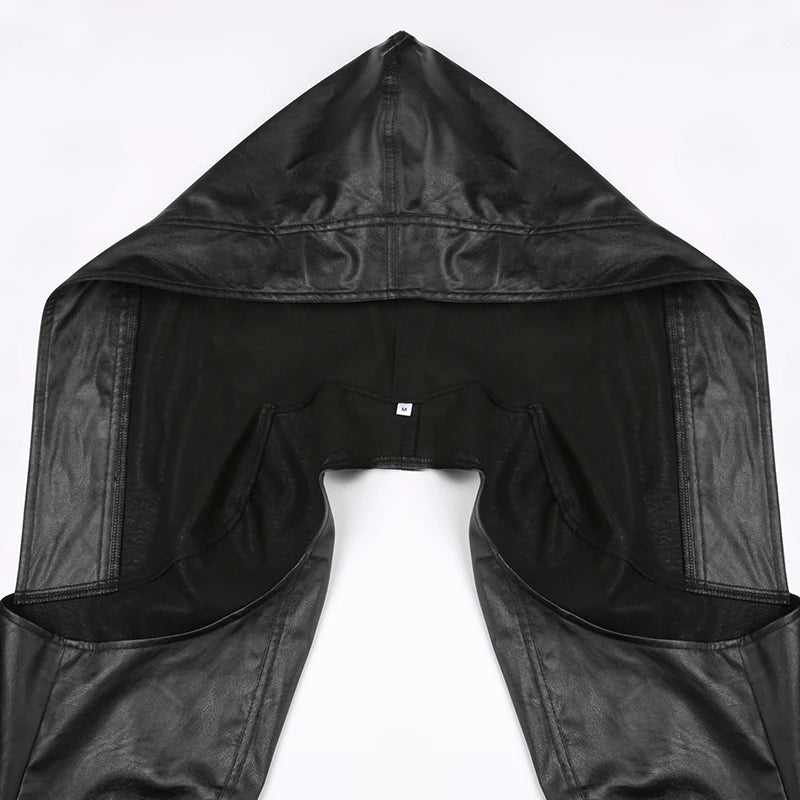 BIIKPIIK Fashion Streetwear Leather Jacket Punk Gothic Black Hooded Coat For Women Full Sleeve All-match Hot Outfit Club Vintage