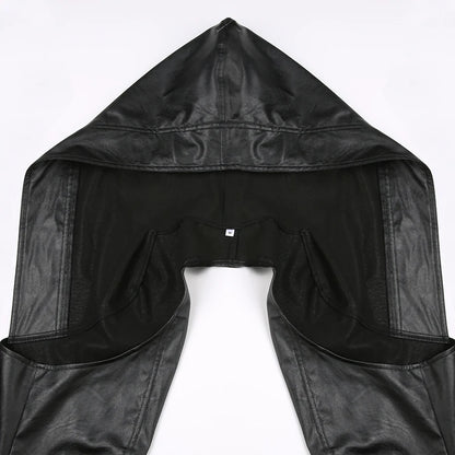BIIKPIIK Fashion Streetwear Leather Jacket Punk Gothic Black Hooded Coat For Women Full Sleeve All-match Hot Outfit Club Vintage