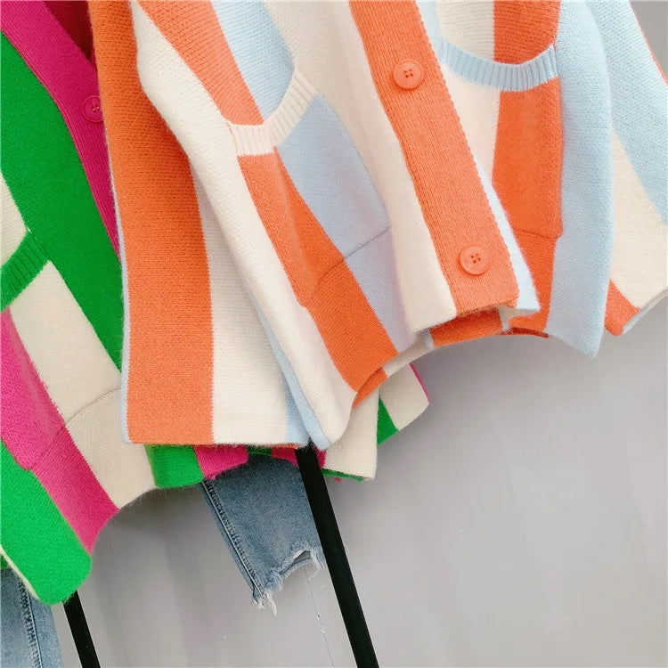 Joskaa Striped Patchwork Knitted Cardigan Women V-Neck Long Sleeve Single Breasted Sweater Coat Autumn 2023 Outwear Streetwear