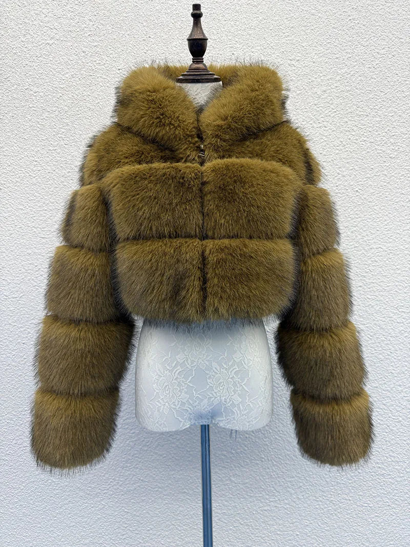 S-6XL Women Coat Autumn Winter Short Hooded Faux Fox Fur Coat Thick Warm Outerwear Fake Fur Woman Jackets Ladies Furry Coats