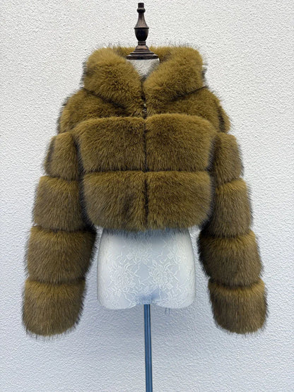 S-6XL Women Coat Autumn Winter Short Hooded Faux Fox Fur Coat Thick Warm Outerwear Fake Fur Woman Jackets Ladies Furry Coats