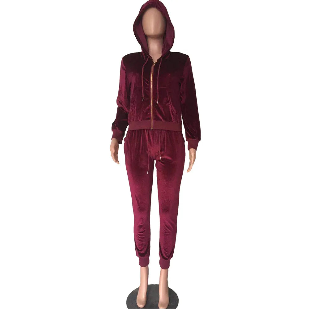 Women Pant Sets Comfortable Velvet Matching Sets Two Piece Set Autumn Loose Zipper Hoodie Jacket Elastic Waist Skinny Pants Sets