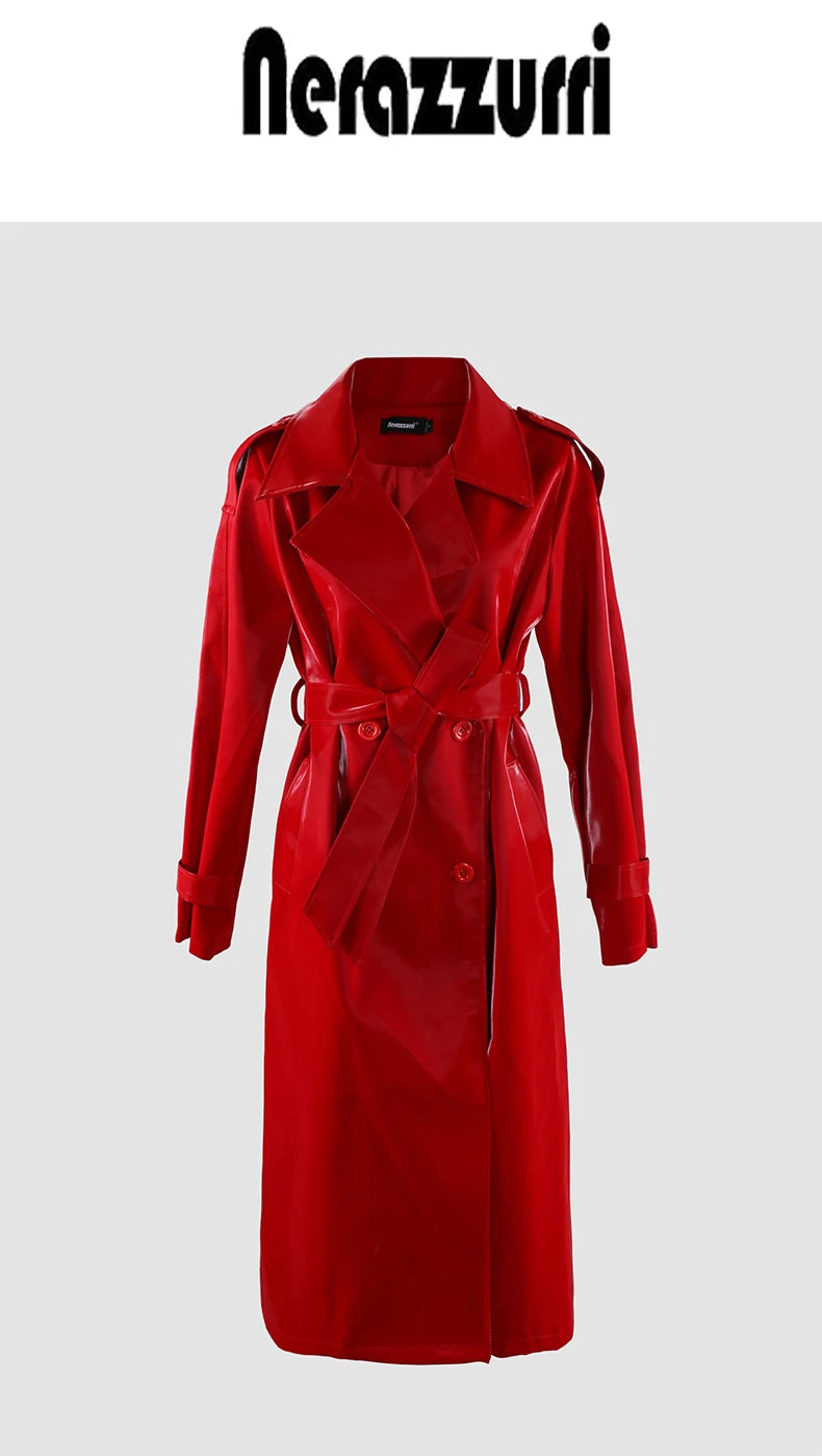 Nerazzurri Autumn Long Cool Black Shiny Glitter Patent Faux Leather Trench Coat for Women Sashes Double Breasted Europe Fashion