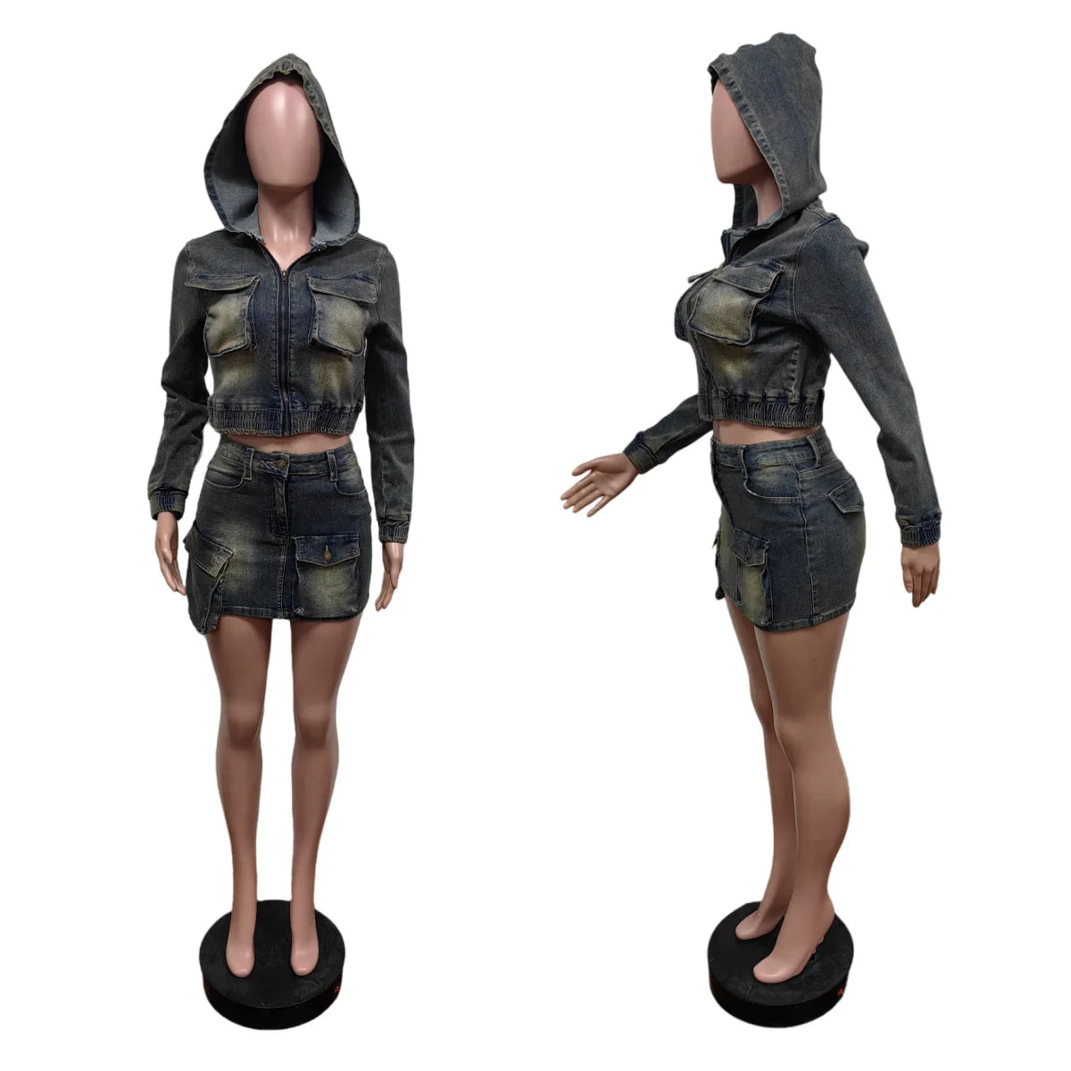 FAGADOER Y2k Retro Denim Two Piece Set Hot Girl Cargo Pockets Patchwork Zip Jacket and Stretchy Mini Skirts Suits Streetwear New
