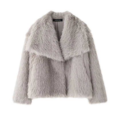 TRAFZA Female Vintage Artificial Fur Effect Coats Lapel Warm Plush Long Sleeves Hidden Buttons Autumn Winter Casual Outerwear