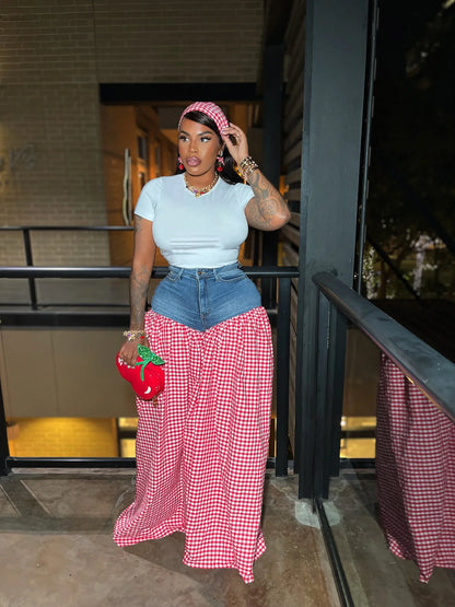 CM.YAYA Fashion Women Plaid Denim Patchwork Loose Wide Leg Jogger Pants 2025 Streetwear Active Hip Hop Sweatpants Trousers