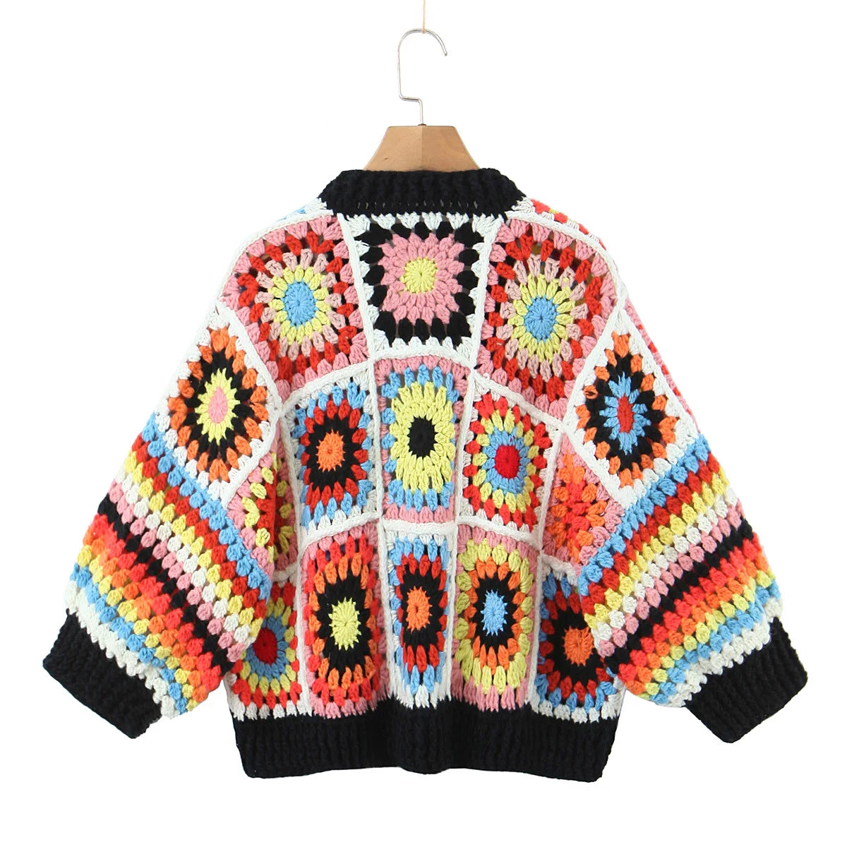 BOHO Geometric Plaid Hand Made Crochet Cardigan Woman V neck Long sleeve Sweater Open Stitching Knitwear Jumper Holiday
