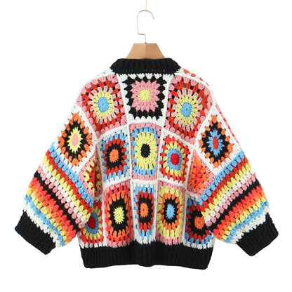 BOHO Geometric Plaid Hand Made Crochet Cardigan Woman V neck Long sleeve Sweater Open Stitching Knitwear Jumper Holiday