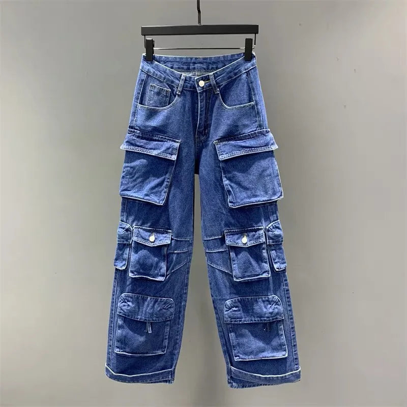 Joskaa Fashion Y2k Pockets Cargo Jeans Women Hipster High Waisted Straight Pants Fall 2023 Casual Denim Trousers Streetwear