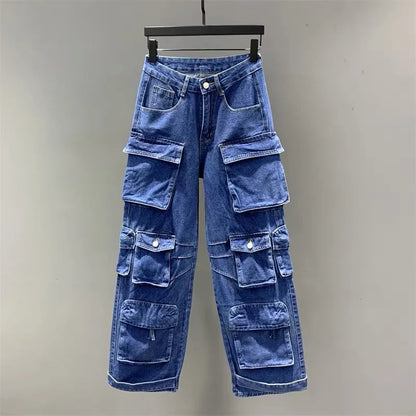 Joskaa Fashion Y2k Pockets Cargo Jeans Women Hipster High Waisted Straight Pants Fall 2023 Casual Denim Trousers Streetwear
