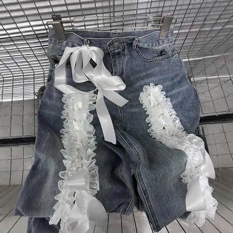 DEAT Women's Fashion Retro Lace Patchwork Denim Long Pants High Waist Wide Leg Jeans Female 2024 Arrival Winter New 11A02128