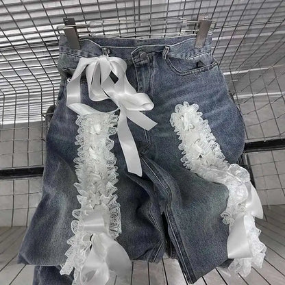 DEAT Women's Fashion Retro Lace Patchwork Denim Long Pants High Waist Wide Leg Jeans Female 2024 Arrival Winter New 11A02128