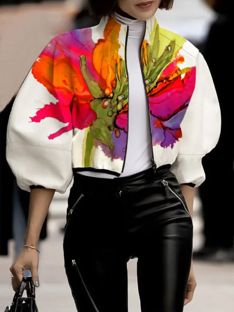 UOOZEE 2024 New Spring Women Stand Collar Jackets Fashion Elegant Floral Printed Puff Sleeves Loose Fit Casual Outerwears