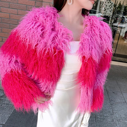 Faux Fur Coats Women Lamb Wool Short Coat Y2k Streetwear Thick Warm Y2k Streetwear Elegant Pink Jackets Open Stitch Jacket