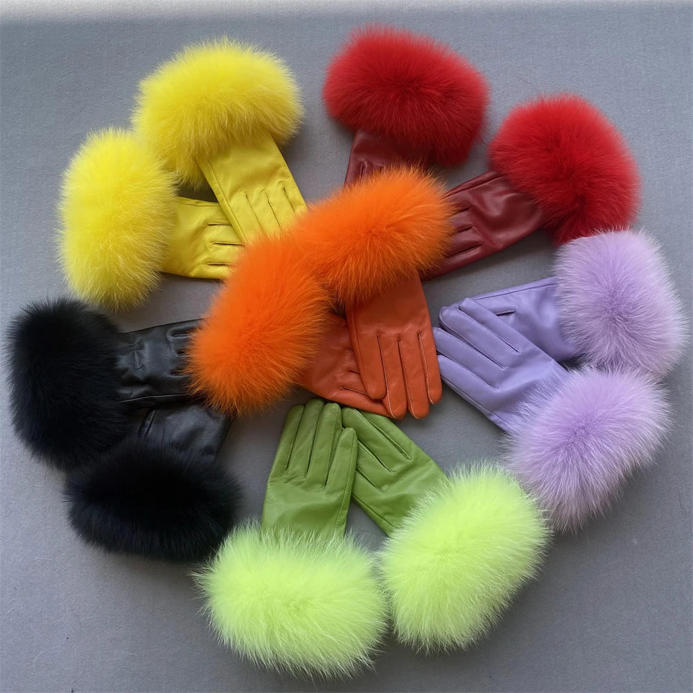 Jxwatcher Wholesale Fox Fur Gloves Winter Female Luxury Style Warm Sheepskin Genuine Leather Gloves Driving Thickening Mitten