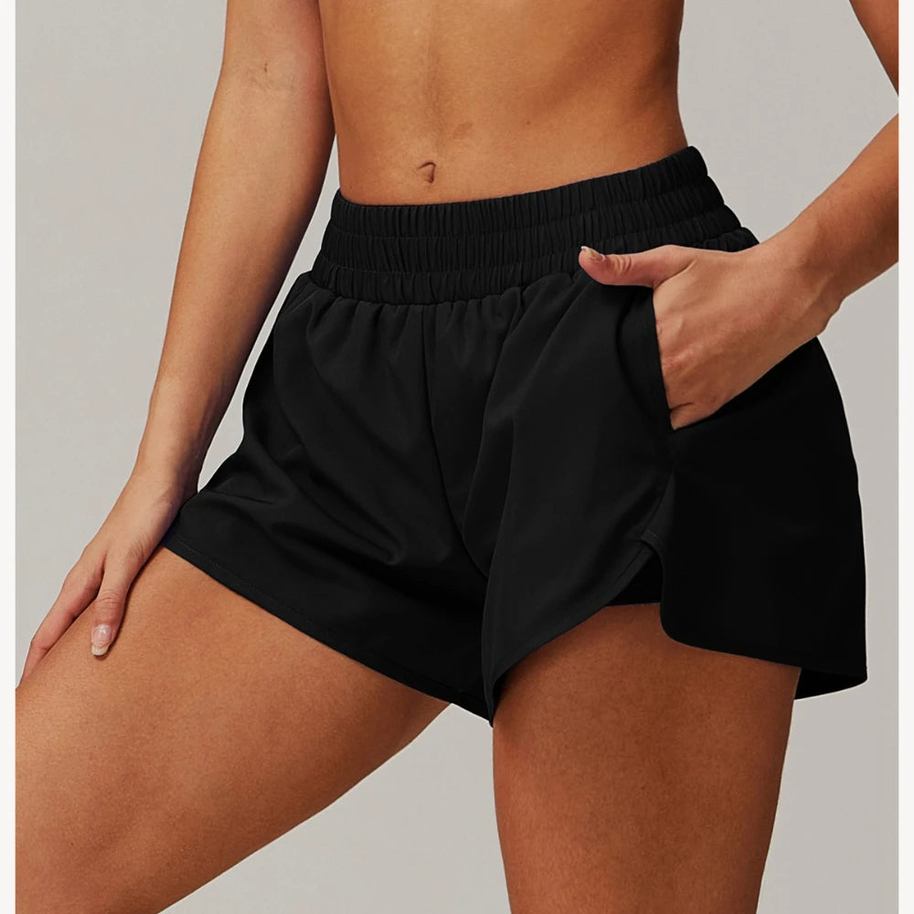 Custom LOGO women's pocket nude quick-drying yoga shorts fake two-piece sports hip-lifting shorts running cycling fitness pants