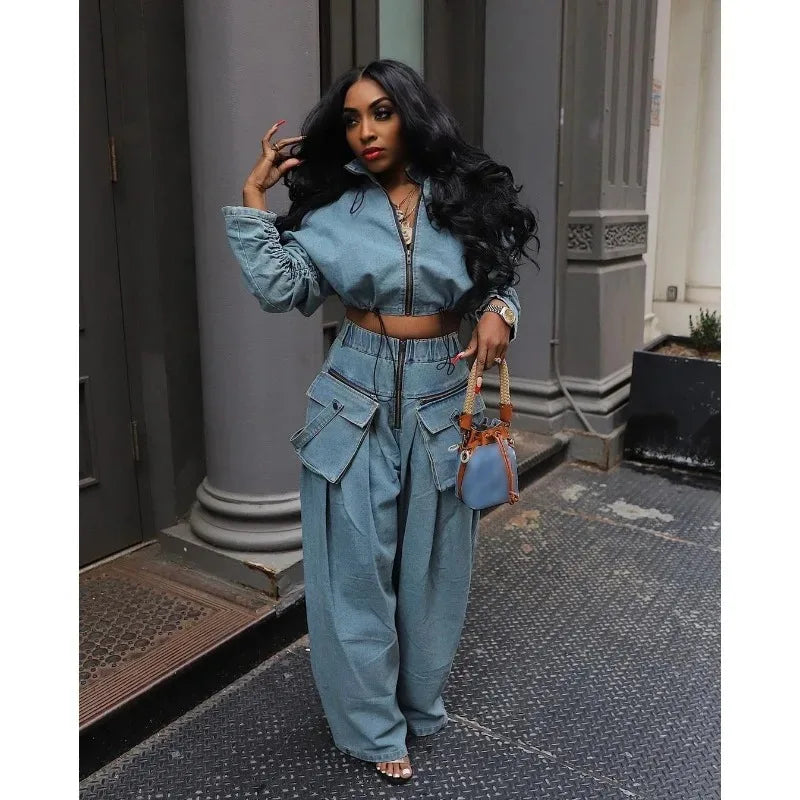 Casual Loose Denim Two Piece Set for Women Streetwear 2023 Autumn Zipper High Collar Crop Top Elastic Waist Wide Leg Cargo Pants