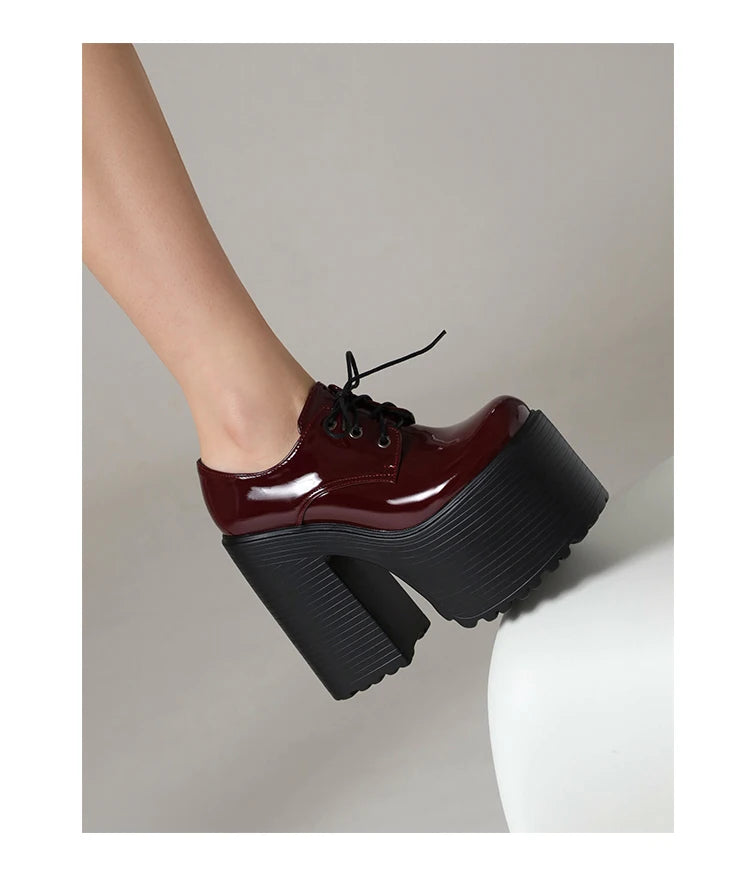 Ultra High Waterproof Platform Shiny Patent Leather Lace Up Women's Pumps Breathable Lining Thick Heels Punk Trendy High Heels