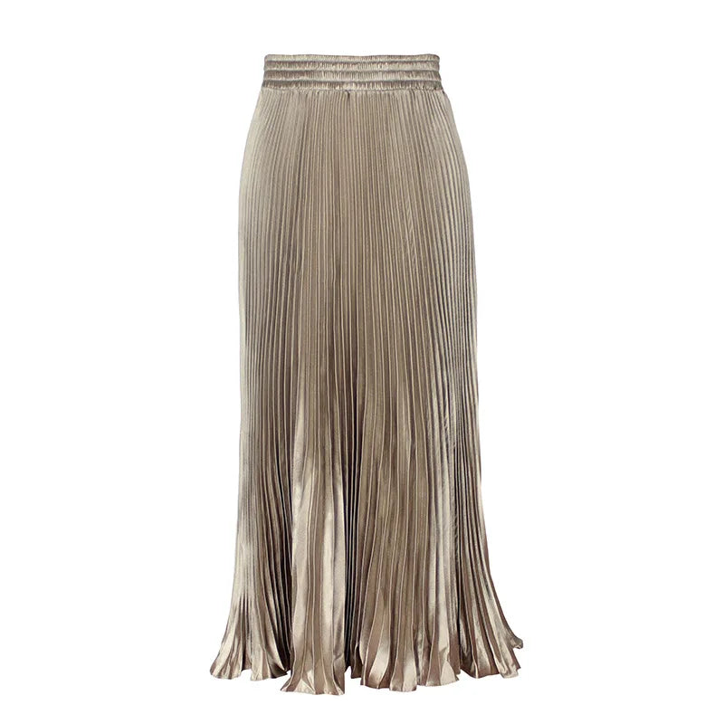 Women's Fashion Pleated Mermaid Long Skirt Korean Style Casual High Waist Satin Flowy Skirts Shiny 19 Colors 2024 Spring SK500