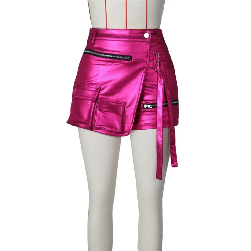 Shiny Metallic Irregular Shorts Skirts Women Y2K Clothing High Waist Button Fly Pockets Party Club Birthday Pantalones Cortos