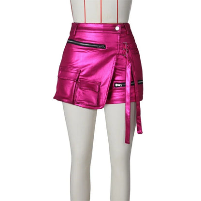 Shiny Metallic Irregular Shorts Skirts Women Y2K Clothing High Waist Button Fly Pockets Party Club Birthday Pantalones Cortos
